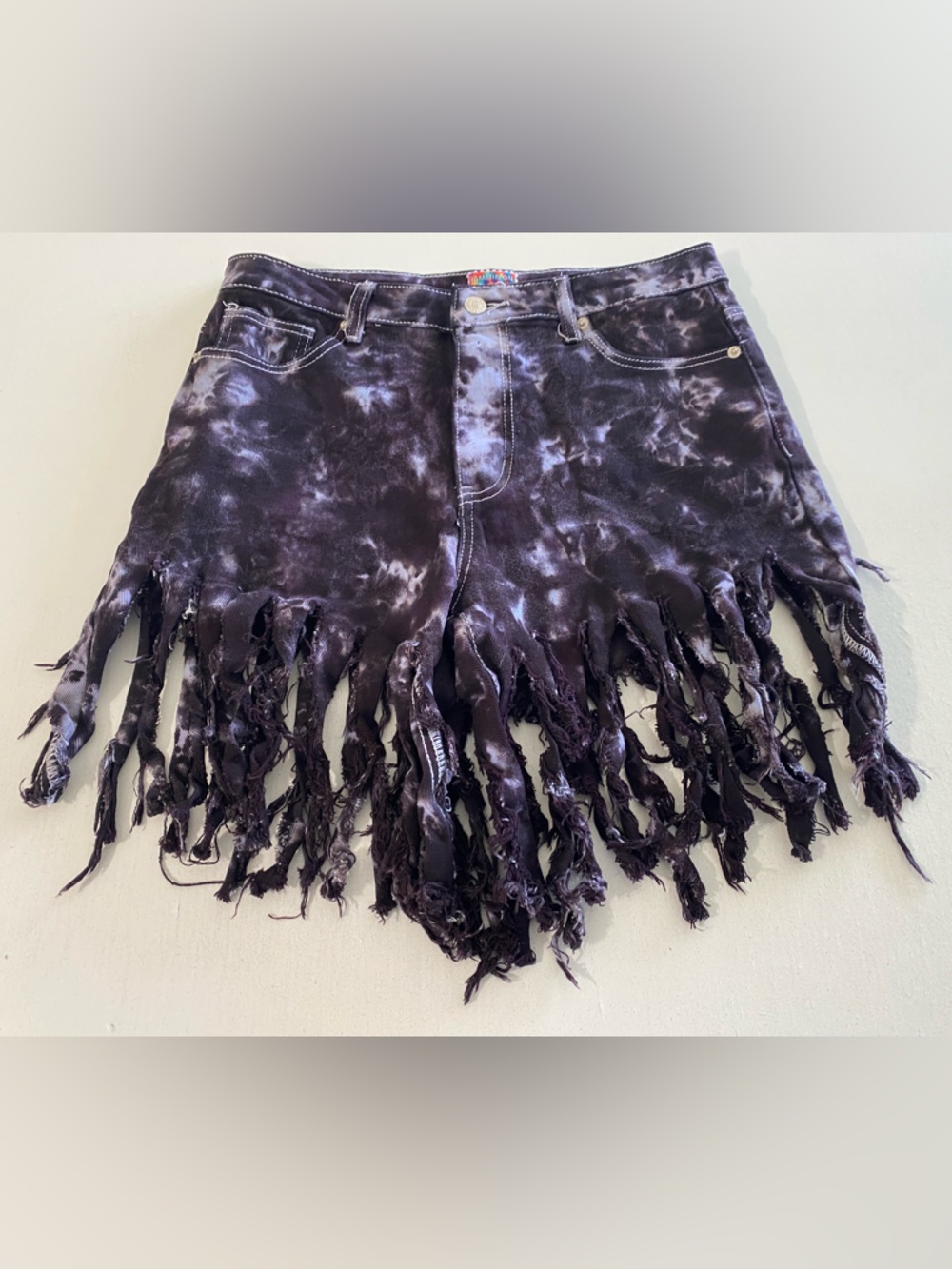 Tie-Dye handmade Fringe Denim Mini Short in Purple Black